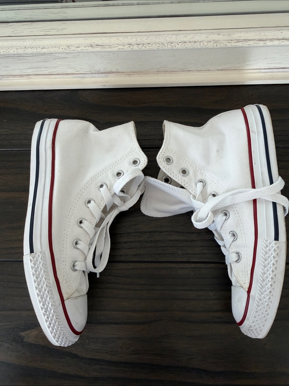 Converse Kids White High Top Sneakers with Red and Navy Trim - Picture 4 of 6